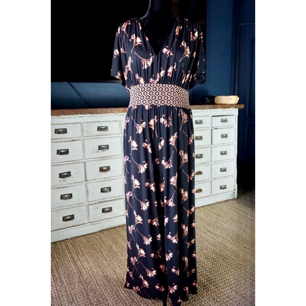 Anthropologie Dark Jumpsuit with Floral and Geometric Accents